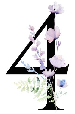 Suluboya pastel yumuşak çiçekleri, sapları ve ince yaprakları olan 4 numaralı siyah resim. Açık pembe, mavi ve lavantalı alfabe ögesi romantik düğün kırtasiyesi için.