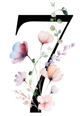 Suluboya pastel yumuşak çiçekleri, sapları ve ince yaprakları olan 7 numaralı siyah resim. Açık pembe, mavi ve lavantalı alfabe ögesi romantik düğün kırtasiyesi için.