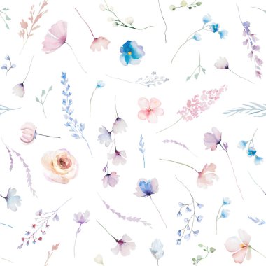 Suluboya pastel renkler, kırılgan kır çiçekleri, saplar ve ince yapraklarla yapılmış kusursuz bir desen, izole bir illüstrasyon. Düğün kırtasiyesi ve selamlar için pembe, mavi ve mor çiçek.