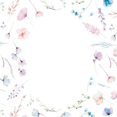 Suluboya pastel renkte, kır çiçekleri, saplar ve ince yapraklarla yapılmış bir çerçeve, izole bir resim. Açık pembe, mor ve çiçekli düğün kırtasiyesi ve tebrik kartları için.