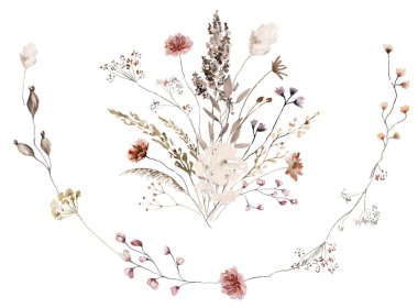 Çelenk ve buket, suluboya kır çiçekleri, tohum ve yapraklardan yapılmış, izole edilmiş. Sonbahar düğün kırtasiyesi ve tebrik kartları için kahverengi ve bej çiçekli çelenk.