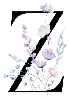 Suluboya boyalı siyah Z harfi yaban çiçekleri, saplar ve ince yapraklar, izole bir illüstrasyon. Açık pembe, mavi ve lavantalı alfabe ögesi romantik düğün kırtasiyesi için.