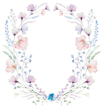 Kırılgan kır çiçekleri, sapları ve küçük yaprakları olan suluboya oval çerçeve, izole bir illüstrasyon. Açık pembe, mor ve çiçekli düğün kırtasiyesi ve tebrik kartları için.