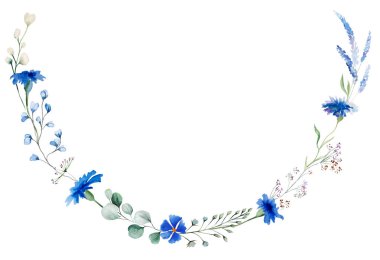 Mavi çiçekli suluboya çelenk ve küçük yapraklı kır çiçekleri, izole bir illüstrasyon. Romantik yaz tatili kırtasiyesi ve tebrik kartları için çiçek.