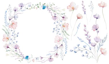Çerçeve ve buket suluboya pastel yaban çiçekleri, saplar ve ince yapraklar ile yapılmış, izole bir illüstrasyon. Açık pembe, mavi ve mor çiçekli düğün kırtasiyesi.