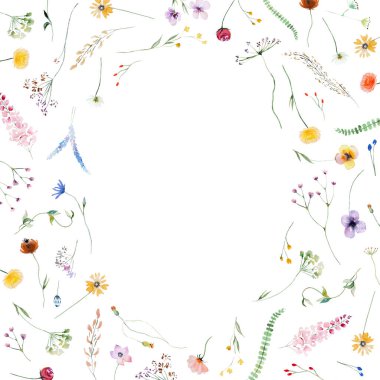 Renkli suluboya kır çiçekleri ve yapraklardan yapılmış oval çerçeve, kopyalama alanı, izole illüstrasyon. Yaz için çiçek çerçevesi, düğün kağıtları ve parti davetiyeleri.