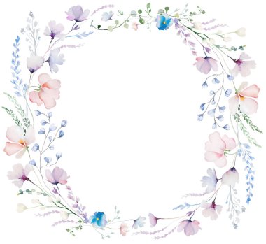 Kırılgan kır çiçekleri, sapları ve ince yaprakları olan suluboya bir çerçeve, izole bir resim. Açık pembe, mor ve çiçekli düğün kırtasiyesi ve tebrik kartları için.