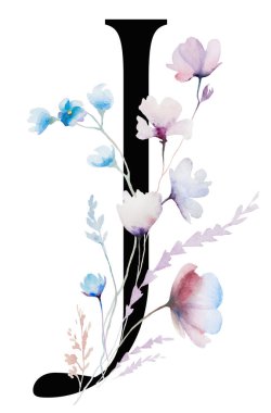 Suluboya pastel yumuşak çiçekleri, sapları ve ince yaprakları olan siyah J harfi, izole bir resim. Açık pembe, mavi ve lavantalı alfabe ögesi romantik düğün kırtasiyesi için.