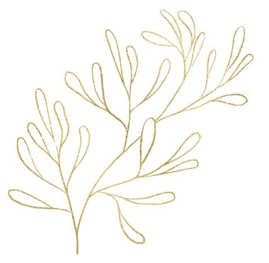 Elle çizilmiş ince yapraklar, izole edilmiş altın çizgiler. Düğün kırtasiyesi ve parti davetiyesi için bahçe çiçeği unsuru