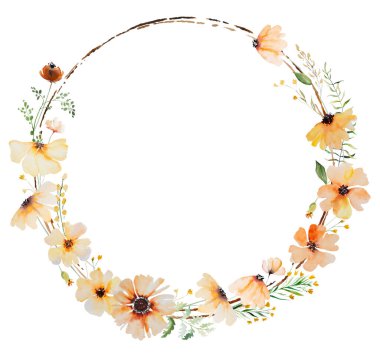 Sulu sarı ve turuncu Arnica çiçekleri ve yapraklarıyla yuvarlak çerçeve, izole bir illüstrasyon. Bahçe çiçekleri yaz ve sonbahar düğünü ve selamlama kırtasiyesi için.