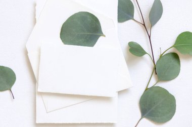 Kart ve zarf yeşil okaliptüs dalları yakınındaki beyaz bir masanın üzerinde ve yukarıdan görünüyor, Mockup. Minimum romantik daire ve boş yatay kart. Düğün ve parti kırtasiyesi