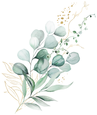 Yeşil ve altın suluboya okaliptüs yapraklı buket, düğün illüstrasyonu 