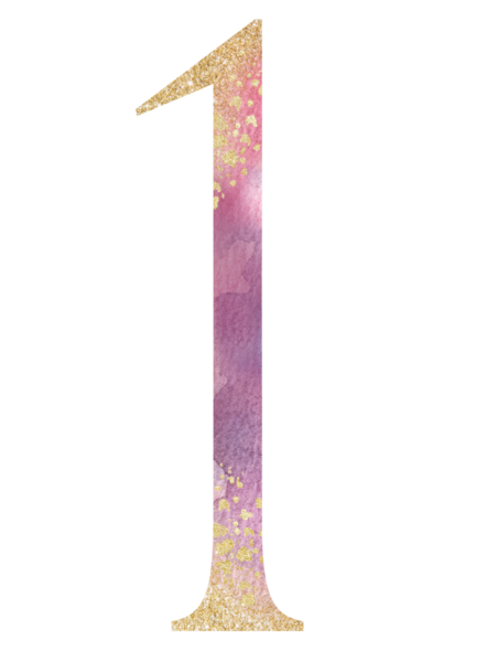 Açık pembe suluboya numara 1, altın lekeli, romantik pastel düğün izole illüstrasyonlu.