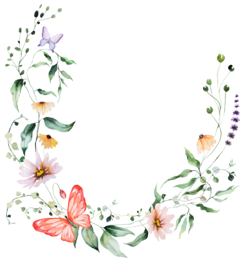 Suluboya renkli yabani çiçek ve yapraklardan yapılmış çelenkler, izole edilmiş düğün illüstrasyonları. 