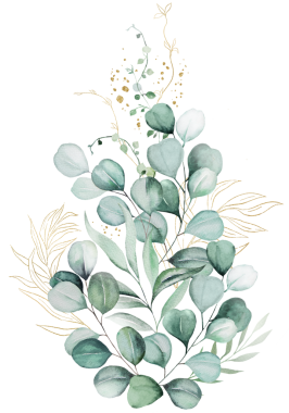 Yeşil ve altın suluboya okaliptüs yapraklı buket, pastel düğün izole illüstrasyon 