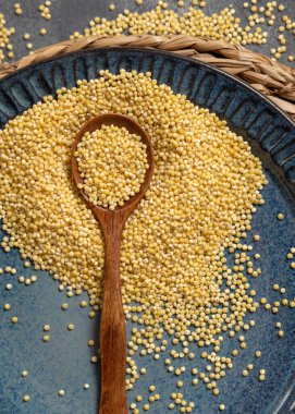 Mavi tabak çiğ sarı darı tahılı ve tahta kaşıkla gri masa manzaralı. Organik inci kabuklu darı. Eski, sağlıklı süper yiyecekler. Glütensiz alternatif tohumlar