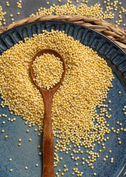 Mavi tabak çiğ sarı darı tahılı ve tahta kaşıkla gri masa manzaralı. Organik inci kabuklu darı. Eski, sağlıklı süper yiyecekler. Glütensiz alternatif tohumlar