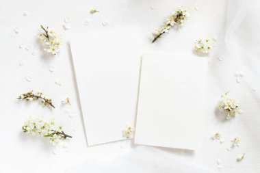 Tül ve yabani eriklerin yanındaki boş kartlar beyaz çiçeklerin üst görüntüsü, maket. Bahar partisi tasarımı ya da romantik düğün kırtasiyesi için Pastel dikey kartları. Doğaya yakın ya da anneler günü konsepti  