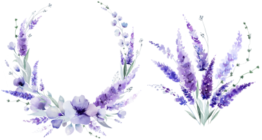Yuvarlak çerçeve ve el boyalı suluboya açık mor lavanta çiçeklerinden yapılmış buket ve izole bir illüstrasyon bırakıyor. İlkbahar ve yaz düğün kırtasiyesi için yaban çiçekleri romantik unsur