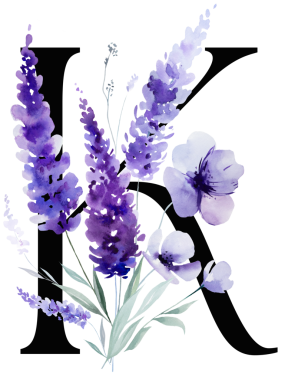 Mor lavanta çiçekleri ve yapraklı siyah K harfi, monogram izole bir illüstrasyon. Bahar ve yaz için çiçek alfabesi. Romantik bahçe kırtasiyesi ve parti tasarımı.