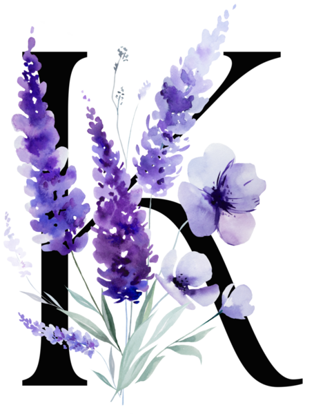 Mor lavanta çiçekleri ve yapraklı siyah K harfi, monogram izole bir illüstrasyon. Bahar ve yaz için çiçek alfabesi. Romantik bahçe kırtasiyesi ve parti tasarımı.