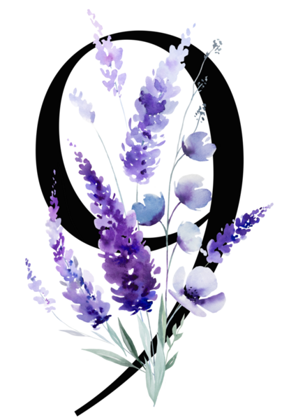 9 numaralı suluboya mor lavanta çiçekli ve yapraklı, monogram izole resimli. Bahar ve yaz için çiçek, romantik bahçe, düğün kırtasiye ve parti tasarımı.