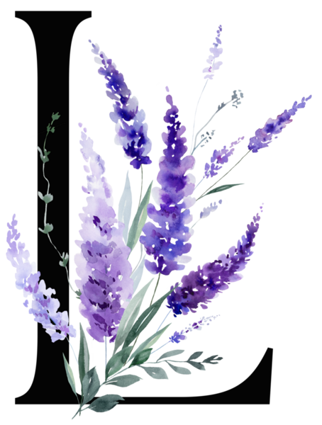 Mor lavanta çiçekleri ve yapraklı siyah L harfi, monogram izole bir illüstrasyon. Bahar ve yaz için çiçek alfabesi. Romantik bahçe kırtasiyesi ve parti tasarımı.