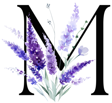 Suluboya mor lavanta çiçekleri ve yapraklı M harfi, monogram izole bir illüstrasyon. Bahar ve yaz için çiçek alfabesi. Romantik bahçe kırtasiyesi ve parti tasarımı.