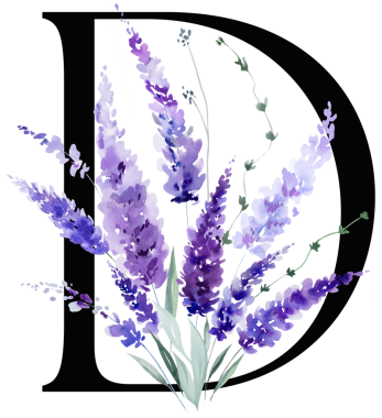 Siyah D harfi mor lavanta çiçekleri ve yapraklarıyla monogram izole edilmiş. Bahar ve yaz için çiçek alfabesi. Romantik bahçe kırtasiyesi ve parti tasarımı.