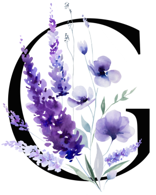 Siyah G harfi mor lavanta çiçekleri ve yapraklarıyla monogram izole edilmiş. Bahar ve yaz için çiçek alfabesi. Romantik bahçe kırtasiyesi ve parti tasarımı.