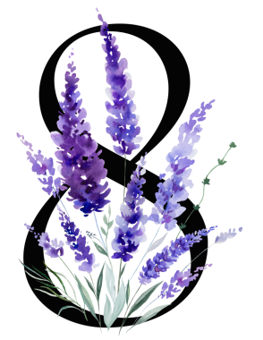 Suluboya mor lavanta çiçekleri ve yapraklı siyah numara 8, monogram izole bir illüstrasyon. Bahar ve yaz için çiçek, romantik bahçe, düğün kırtasiye ve parti tasarımı.