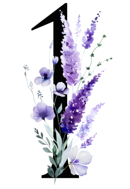 Sulu mor lavanta çiçekleri ve yaprakları olan siyah bir numara, monogram izole bir illüstrasyon. Bahar ve yaz için çiçek, romantik bahçe, düğün kırtasiye ve parti tasarımı.