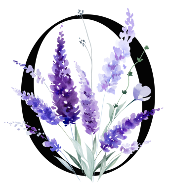 Sulu mor lavanta çiçekleri ve yaprakları ile siyah 0 numara, monogram izole bir illüstrasyon. Bahar ve yaz için çiçek, romantik bahçe, düğün kırtasiye ve parti tasarımı.