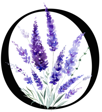 Siyah O harfi, mor lavanta çiçekleri ve yapraklarıyla monogram izole edilmiş. Bahar ve yaz için çiçek alfabesi. Romantik bahçe kırtasiyesi ve parti tasarımı.