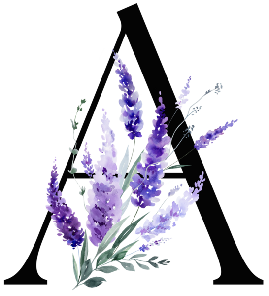 Üzerinde mor lavanta çiçekleri ve yaprakları olan siyah bir harf. Monogram izole bir illüstrasyon. Bahar ve yaz için çiçek alfabesi. Romantik bahçe kırtasiyesi ve parti tasarımı.