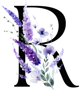 Üzerinde mor lavanta çiçekleri ve yaprakları olan siyah R harfi, monogram izole bir illüstrasyon. Bahar ve yaz için çiçek alfabesi. Romantik bahçe kırtasiyesi ve parti tasarımı.