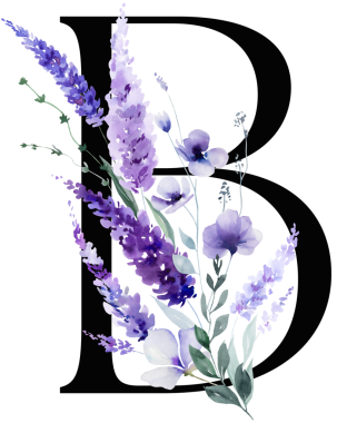 Mor lavanta çiçekleri ve yaprakları olan siyah B harfi, monogram izole bir illüstrasyon. Bahar ve yaz için çiçek alfabesi. Romantik bahçe kırtasiyesi ve parti tasarımı.