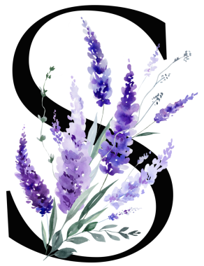 Üzerinde mor lavanta çiçekleri ve yaprakları olan siyah S harfi, monogram izole bir illüstrasyon. Bahar ve yaz için çiçek alfabesi. Romantik bahçe kırtasiyesi ve parti tasarımı.