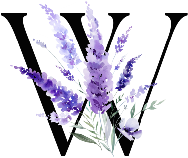 Üzerinde mor lavanta çiçekleri ve yaprakları olan siyah W harfi, monogram izole illüstrasyon. Bahar ve yaz için çiçek alfabesi. Romantik bahçe kırtasiyesi ve parti tasarımı.
