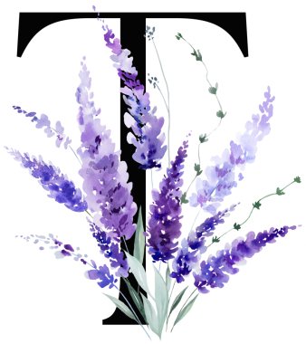 Üzerinde mor lavanta çiçekleri ve yaprakları olan siyah T harfi, monogram izole bir illüstrasyon. Bahar ve yaz için çiçek alfabesi. Romantik bahçe kırtasiyesi ve parti tasarımı.