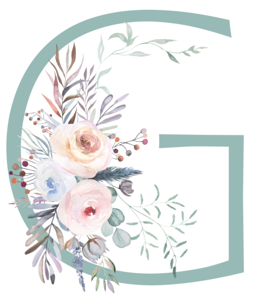 Pastel G harfi, suluboya gül çiçekleri ve ince yapraklar, izole bir illüstrasyon. Açık pembe, lavanta rengi alfabe elementi bebek partisi ya da romantik düğün kırtasiyesi için.