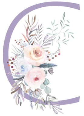 Pastel C harfi, suluboya gül çiçekleri ve ince yapraklarla izole edilmiş illüstrasyon. Açık pembe, lavanta rengi alfabe elementi bebek partisi ya da romantik düğün kırtasiyesi için.