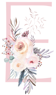 Pastel E harfi, suluboya gül çiçekleri ve ince yapraklı, izole bir illüstrasyon. Açık pembe, lavanta rengi alfabe elementi bebek partisi ya da romantik düğün kırtasiyesi için.