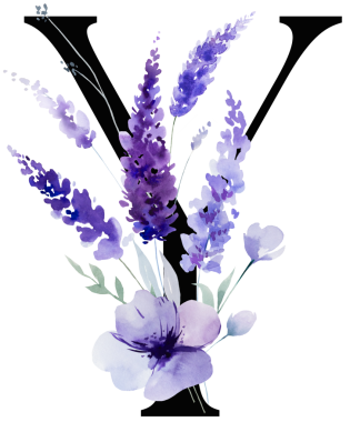 Üzerinde mor lavanta çiçekleri ve yaprakları olan siyah Y harfi, monogram izole bir illüstrasyon. Bahar ve yaz için çiçek alfabesi. Romantik bahçe kırtasiyesi ve parti tasarımı.