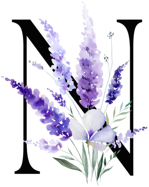 Siyah N harfi mor lavanta çiçekleri ve yapraklarıyla monogram izole edilmiş. Bahar ve yaz için çiçek alfabesi. Romantik bahçe kırtasiyesi ve parti tasarımı.