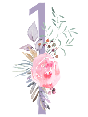 Bir numaralı pastel, suluboya narin gül çiçekleri ve ince yapraklı, izole bir resim. Açık pembe, lavanta çiçekli alfabe dokuz element bebek partisi ya da romantik düğün kırtasiyesi için.