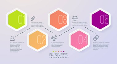 Etiketli grafik bilgi şablonunun soyut ögeleri, entegre altıgen. 5 seçenekli iş konsepti.