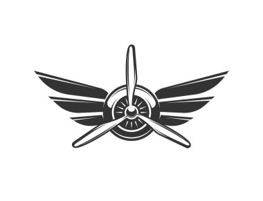 Havacılık logosu. Havacı sembolleri monokrom tarzında. Havacılık ve uçak amblemi, uçak uçuş logosu, rozet çizimi