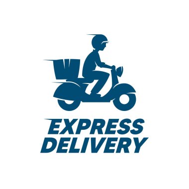 Ekspres teslimat etiketi. Motosiklet süren kurye çocuk. Vektör logosu