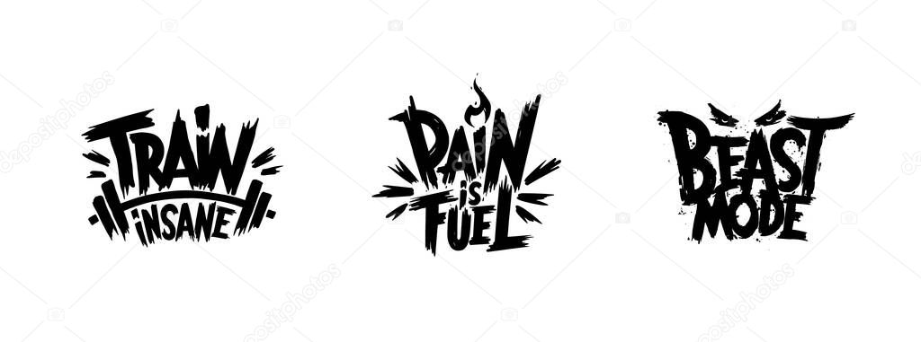 Gym motivation t-shirt print, logo, emblem. Lettering. Hand drawn vector illustration. element for flyers, banner and posters.